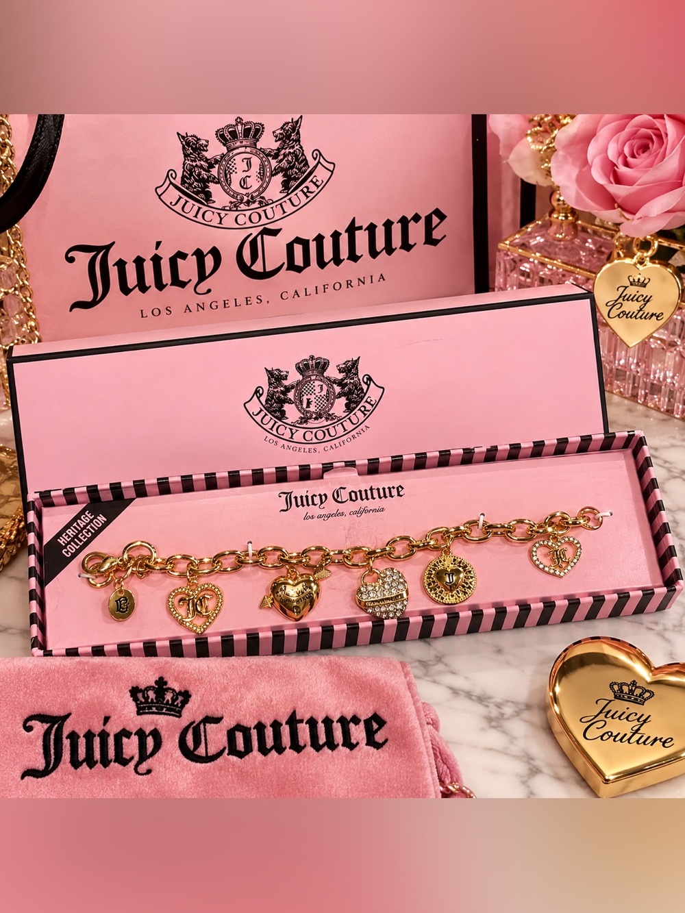 Juicy Couture Heritage Collection Gold Charm Bracelet Pink Box Y2K